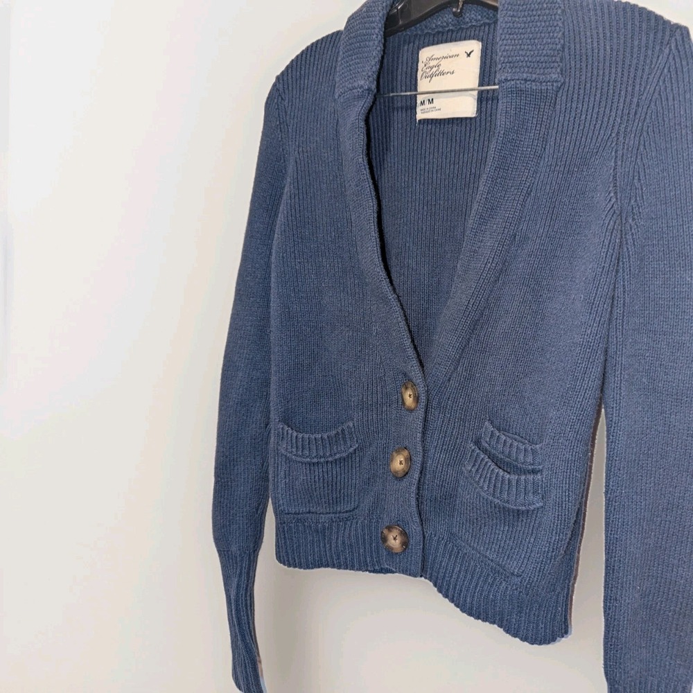 Y2K Coastal Grandmother Preppy Knit Cardigan Sweater Blue American‎ Eagle Medium